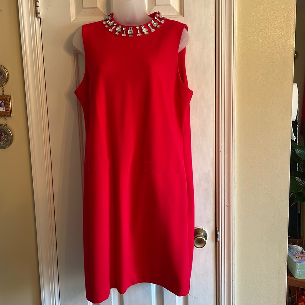NWT Michael By Michael Kors sleeveless red dress w/rhinestone neckline. Size L
